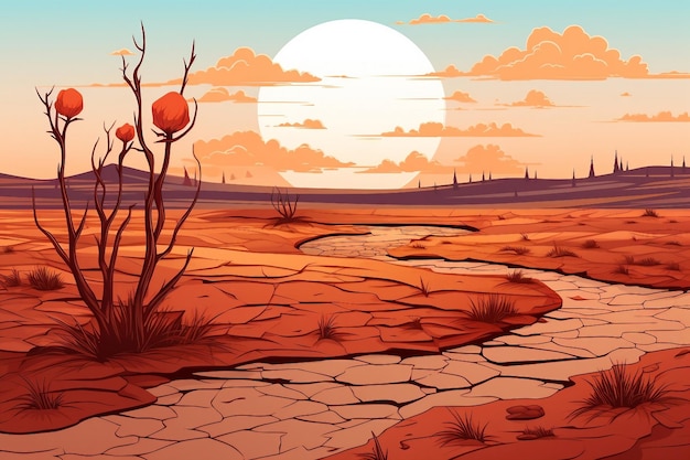 Photo an illustration of a dried river and mountains at sunset ai generated