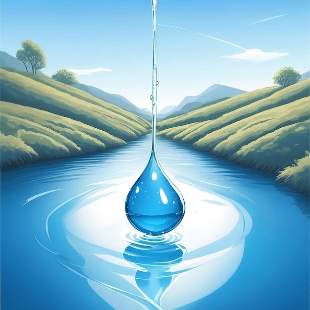 Foto illustrazione di una goccia d'acqua su un ampio tratto di fiume con sfondo blu