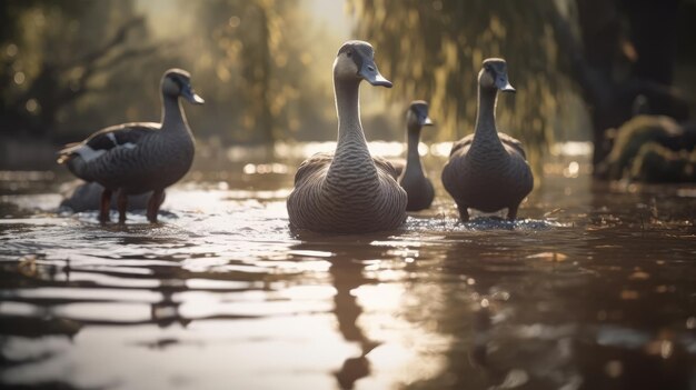 Illustration of ducks in river waters