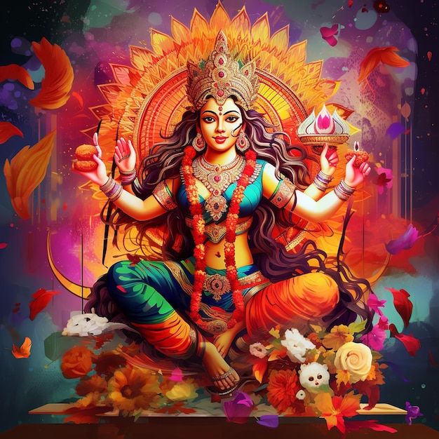 Illustration of durga mata with colorful background digital wall