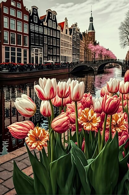 Photo illustration dutch tulips in bloom ai generative