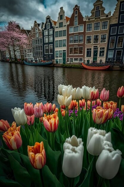 Photo illustration dutch tulips in bloom ai generative