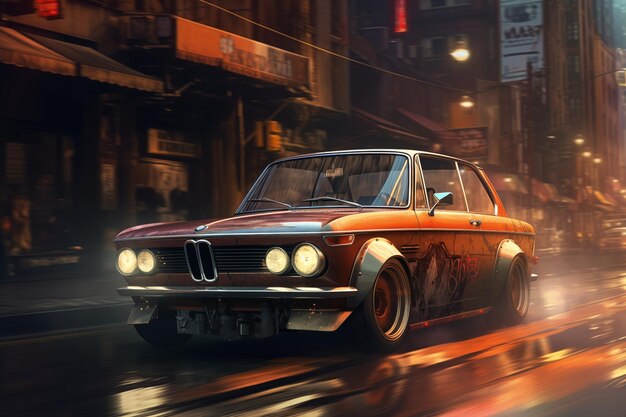 Illustration of a dystopic vintage BMW 2002 in the streets of Tokyo in the year 2349