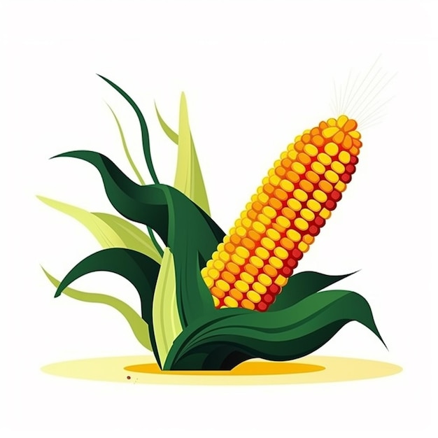 An illustration of an ear of corn with leaves and the word corn on it