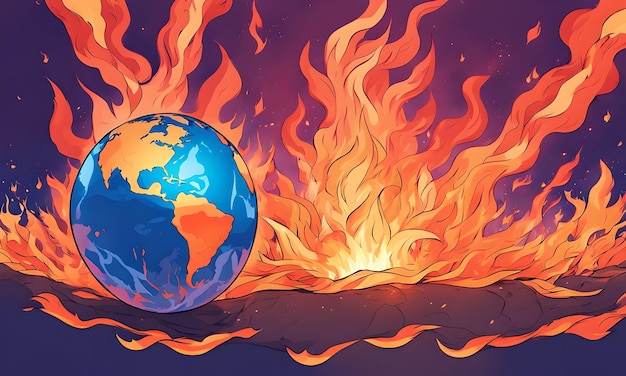 Illustration of the Earth with flames or smoke rising from it