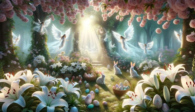 Photo illustration of easter scene in paradise with angels easter bunny easter eggs on green meadow