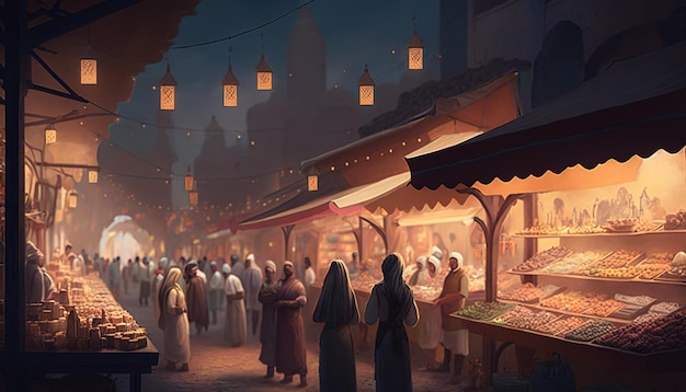 Illustration of eastern busy bazaar in the evening Open shop and customers Generative AI