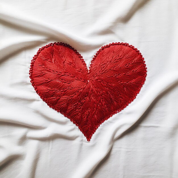 illustration of EEmbroidered red heart on a white cloth top view