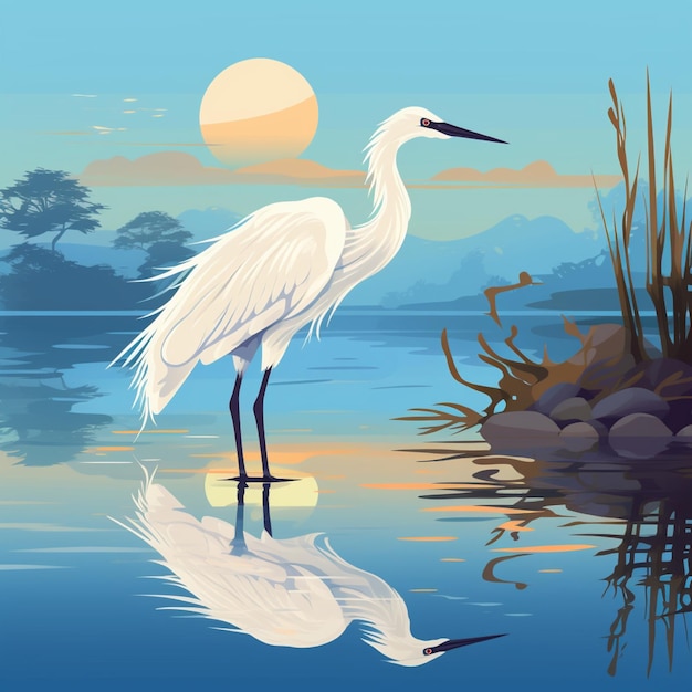 Illustration of an egret on a river background