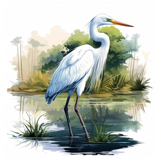 Illustration of an egret on a river background