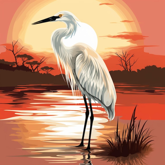 Illustration of an egret on a river background