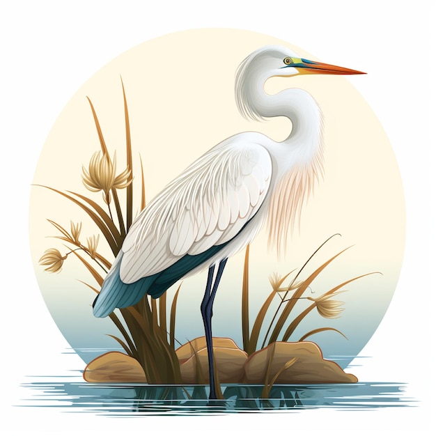 Illustration of an egret on a river background