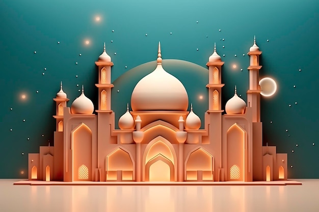 Illustration of eid Mubarak night with light of a lamp paper style luxury happy Eid background AI Generative