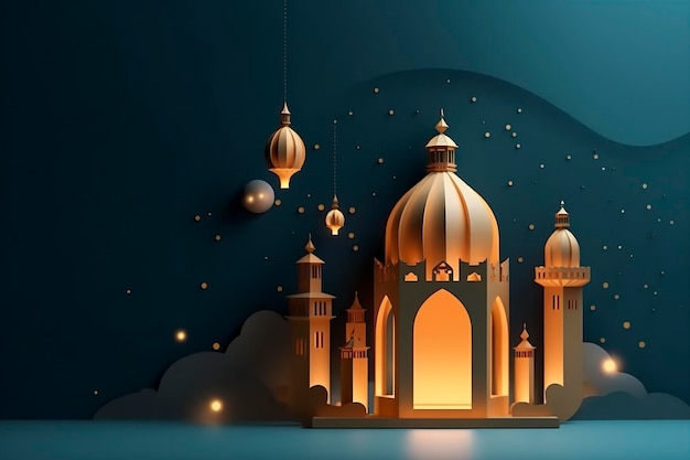 illustration of eid Mubarak night with light of a lamp paper style luxury happy Eid background AI Generative