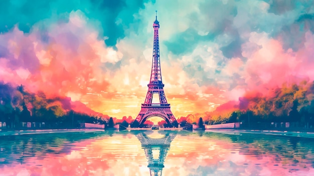 Illustration of Eiffel Tower in Paris France Digital watercolor painting