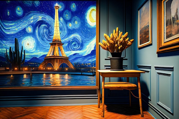 Illustration of the eiffel tower in the picture in the interior Generative AI