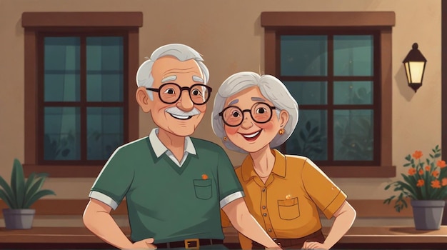 an illustration of an elderly couple holding hands and walking in front of a house