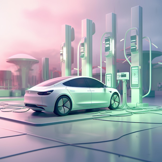 illustration of an electric car charging in an electric station