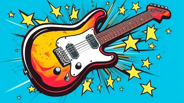 Иллюстрация электрогитары со звездным дизайном на ярком синем фоне