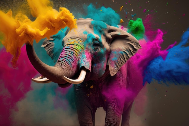 Illustration of an elephant on a colorful background Holi festival concept AI generation