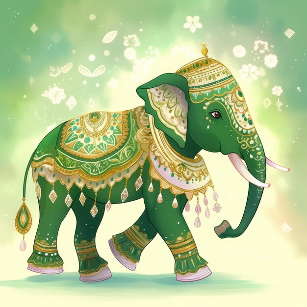 Photo illustration elephant in green indian festival