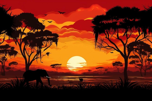 An illustration of an elephant and the sun in the background.