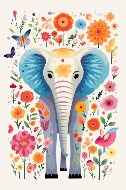 花と蝶を持つ象のイラスト