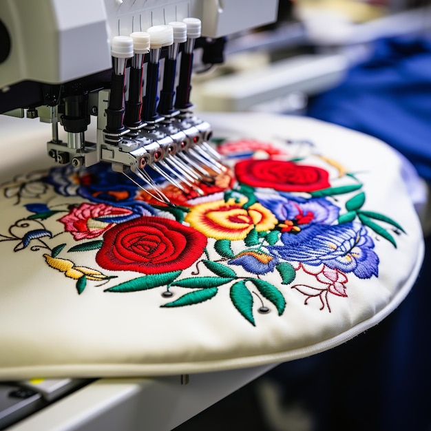 illustration of Embroidered cap and embroidery machine close up
