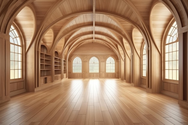 Photo illustration of an empty room with arched windows and wooden floors generative ai