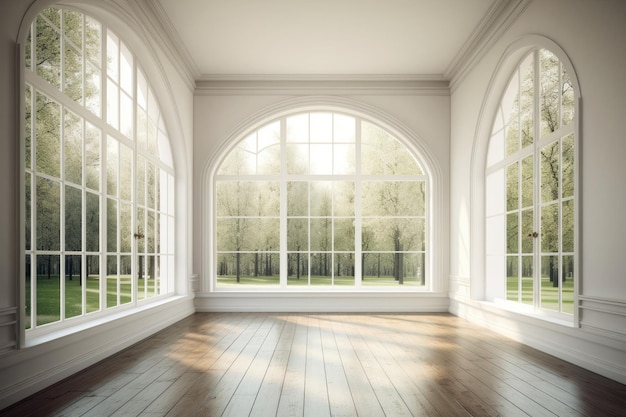 Illustration of an Empty Room with Natural Light and Wooden Flooring Generative AI