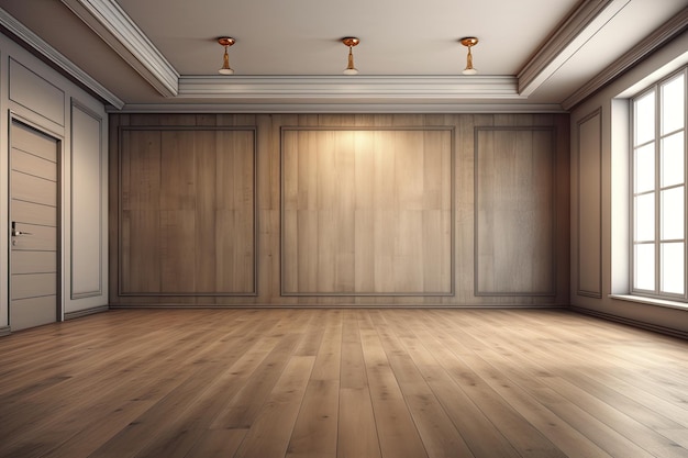 Иллюстрация пустой комнаты с естественным освещением и деревянным полом Generative AI