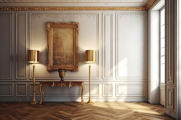 Illustration of an empty room with two lamps and a mirror on the wall Generative AI