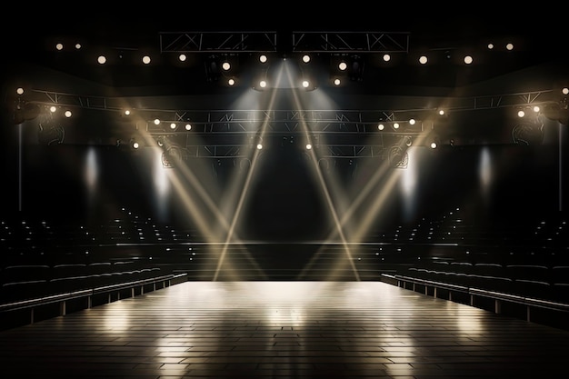 Illustration of an empty stage with spotlights shining on it ready for a performance Generative AI