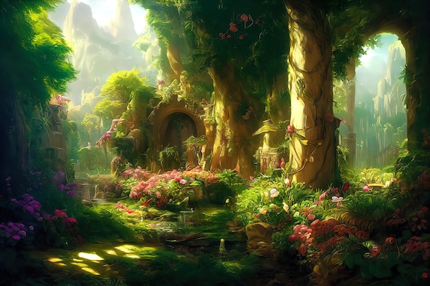 Illustration of enchanted garden with flowers, abstract beautiful fantasy garden