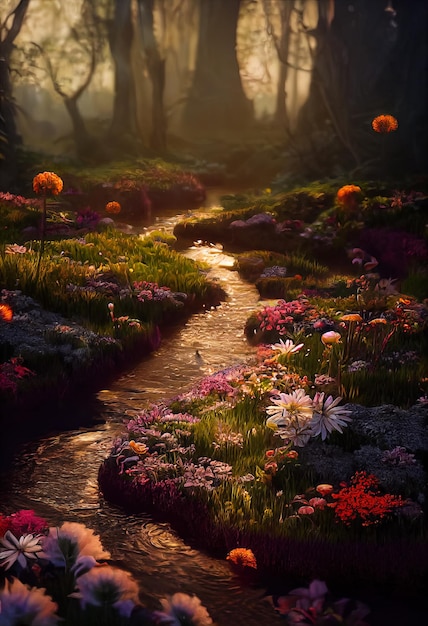 Illustration of enchanted garden with magic lake, abstract beautiful fantasy garden