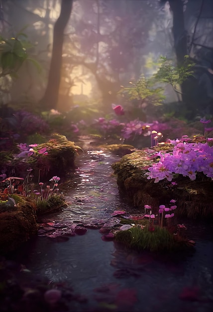 Illustration of enchanted garden with magic lake, abstract beautiful fantasy garden