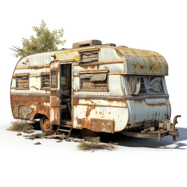 illustration engaging scene of caravan with crash damage and rust display