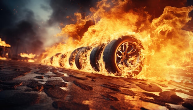 Illustration of Engulfed Tires in Flames Unleashing the Power of Combustion