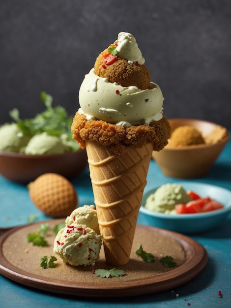 Foto illustrazione di un seducente cono gelato con due deliziose palline di gelato in una giornata di sole