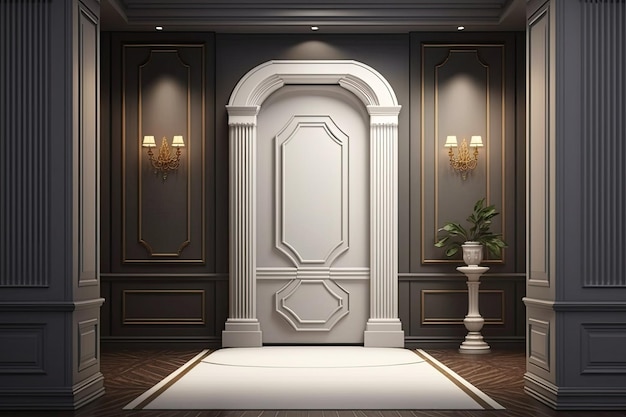 Illustration entryway ballroom door entrance with pillar wall decor antique decoration empty room