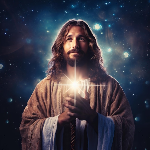 illustration of esus holding cross on devine lights background on