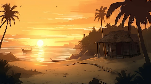 illustration of a evening beach scene with palm trees and hut