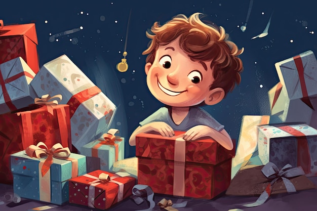 Illustration of excited little boy unpacking paper present boxes at birthday party