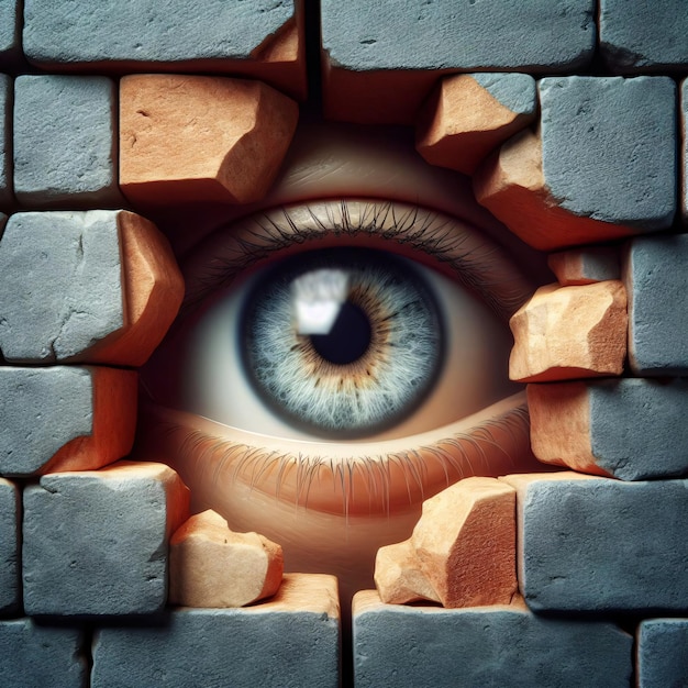 Photo illustration of an eyes looking through a wall