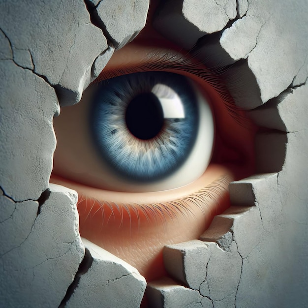 Photo illustration of an eyes looking through a wall