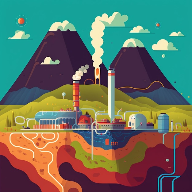 Illustration of a factory with pipes and pipes in the middle of a landscape generative ai