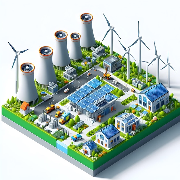 Photo an illustration of a factory with wind turbines generating clean energy the turbines are spinning u