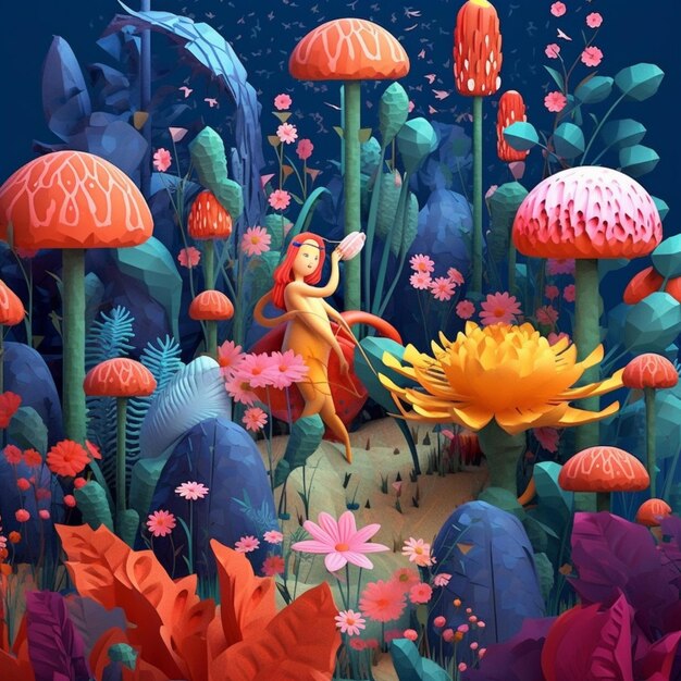 Illustration of a fairy in a flower garden with a giant flower generative ai