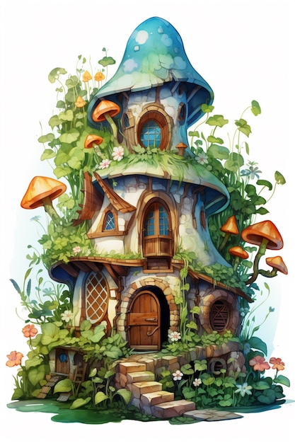 illustration of a fairy house with mushrooms and plants generative ai