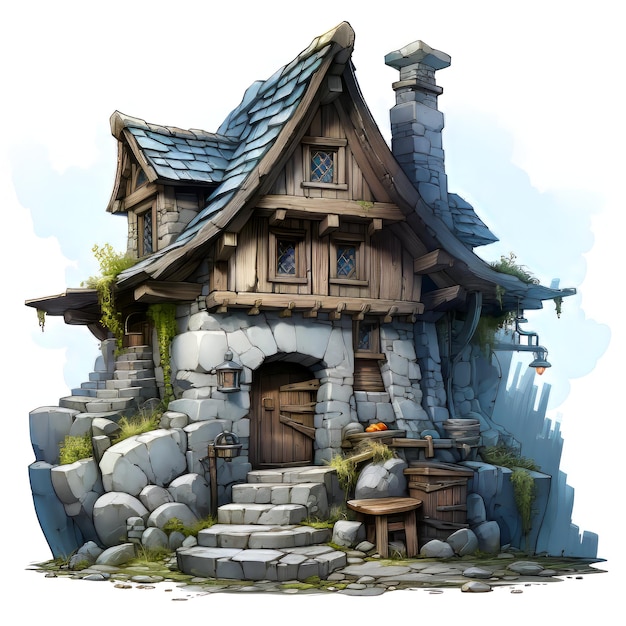 Illustration of a fairy tale house in the mountains Cartoon style